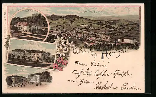 Lithographie Herisau, Heinrichbad am hellichten Tag, Krankenhaus, Poststrasse