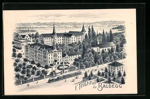 Lithographie Baldegg, Institut, Eisenbahn