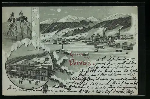 Lithographie Davos, Ansicht vom Kursaal, Ortsansicht im Winter