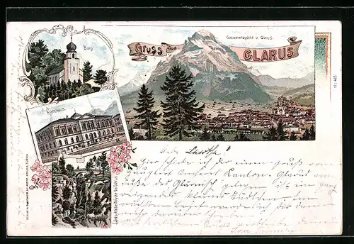 Lithographie Glarus, Rathaus, Burg, Ortsansicht
