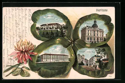 Passepartout-Lithographie Herisau, Poststrasse mit Hotel Löwen, Postamt, Krankenhaus & Kaserne im Kleeblatt