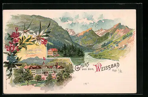 Lithographie Weissbad, Blick in das Tal