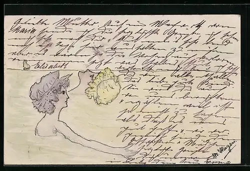 Künstler-AK Handgemalt: Frau im Wasser, Jugendstil