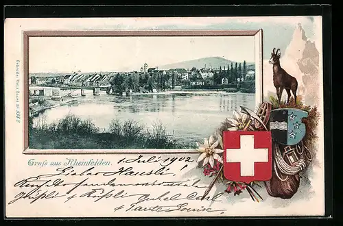 AK Rheinfelden, Stadtansicht mit Wasserpartie, Wappen