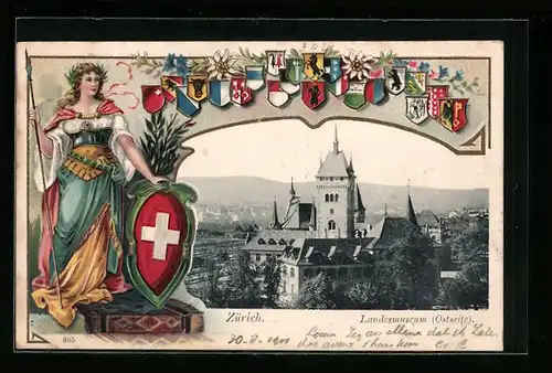 AK Zürich, Die Ostseite des Landesmuseum, Helvetia mit Wappen