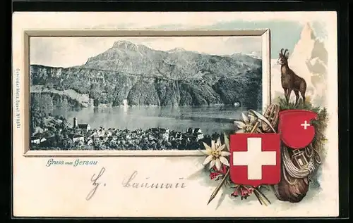 Passepartout-Lithographie Gersau, Ortspanorama, Wappen, Gemse, Edelweiss