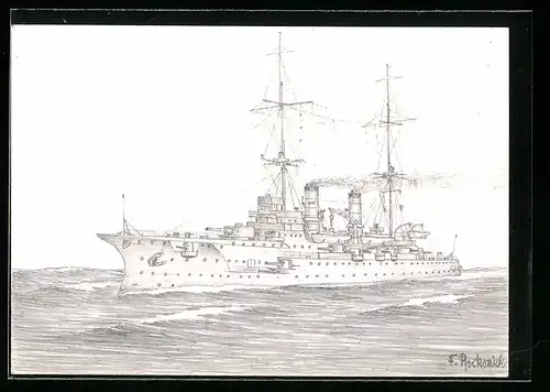 Künstler-AK Handgemalt: Ein Kriegsschiff mit Kanone auf hoher See