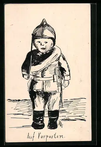 Künstler-AK Handgemalt: Kleiner Junge als Soldat auf Vorposten