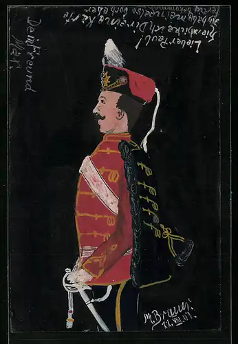 Künstler-AK Handgemalt: Soldat in voller Uniform von der Seite