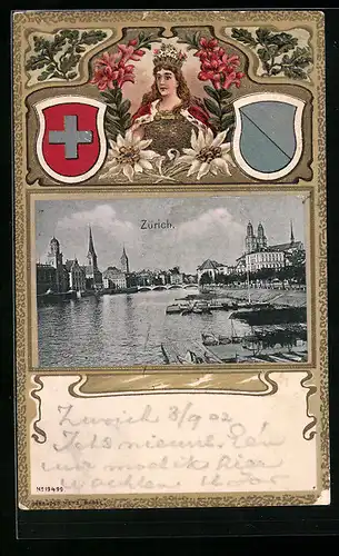Präge-AK Zürich, Limmatpartie, Wappen, Helvetia
