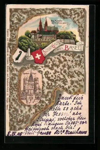 Lithographie Basel, Münster vom Rhein gesehen, Spalenthor, Lebkuchen