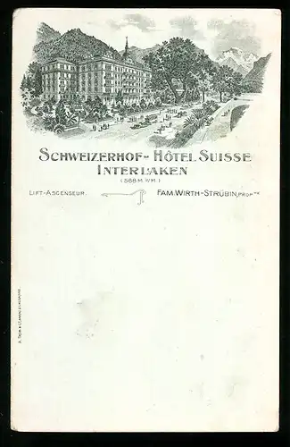 Lithographie Interlaken, Schweizer-Hof Hotel Suisse
