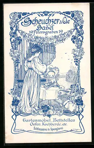 Lithographie Basel, Scheuchzer & Cie. Petersgraben 19, Gartenmöbel., Bettstellen, Schlosserei & Spenglerei