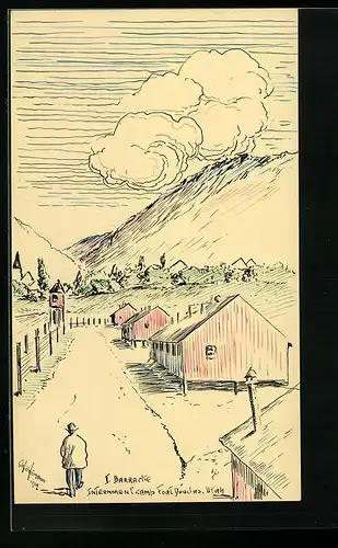 Künstler-AK Handgemalt: Fort Douglas, Utah, I. Barracke, Internement I Camp Fort Douglas, Kriegsgefangene