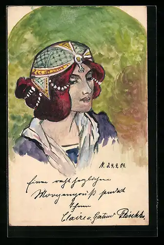 Künstler-AK Handgemalt: Dame mit hübschem Kopfputz
