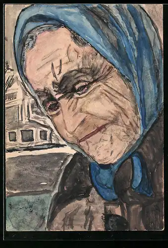 Künstler-AK Handgemalt: Alte Frau mit blauen Kopftuch