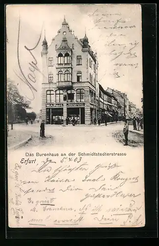 AK Erfurt, Das Burenhaus mit Spezialgeschäft von W. A. Perl an der Schmidtstedterstrasse