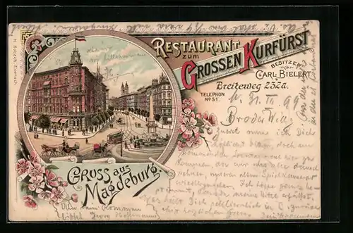 Lithographie Magdeburg, Restaurant zum Grossen Kurfürst mit Pferdebahn, Strasse Breiteweg 232 a
