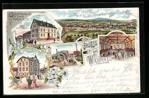 Lithographie Wehrheim i. Taunus, Gasthaus zum Taunus, Innenansicht, Postamt