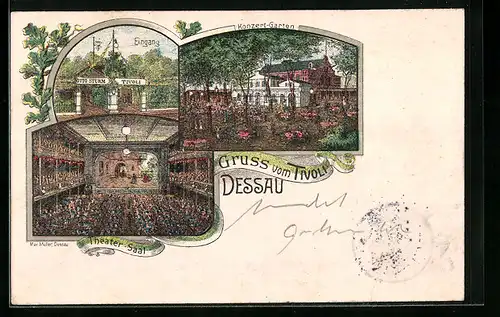 Lithographie Dessau, Bienenwirtschaftliche Ausstellung 1905, Gasthaus Tivoli Eingang, Inneres Theater-Saal
