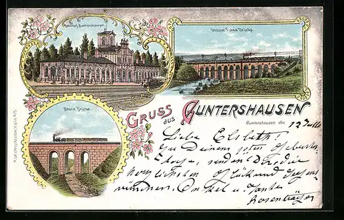 Lithographie Guntershausen, Grosse Fulda Brücke, Bahnhof, Bauna Brücke mit Eisenbahn