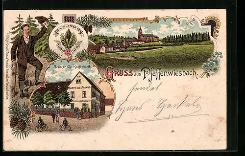Lithographie Pfaffenwiesbach, Gasthaus zum Taunus, Ortspartie mit Kirche
