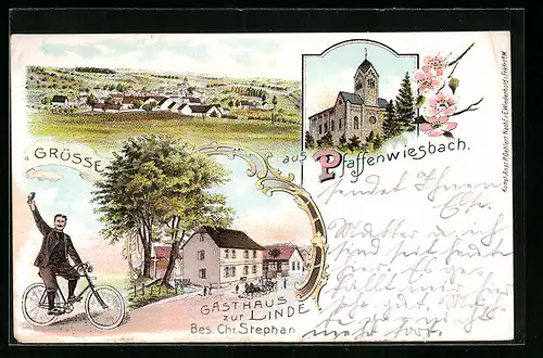 Lithographie Pfaffenwiesbach, Totalansicht mit Gasthaus zur Linde