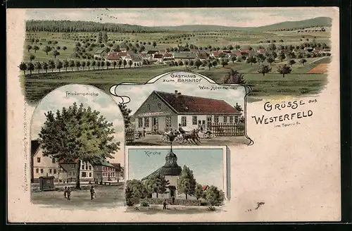 Lithographie Westerfeld i. Taunus, Gasthof zum Bahnhof, Friedenseiche, Kirche
