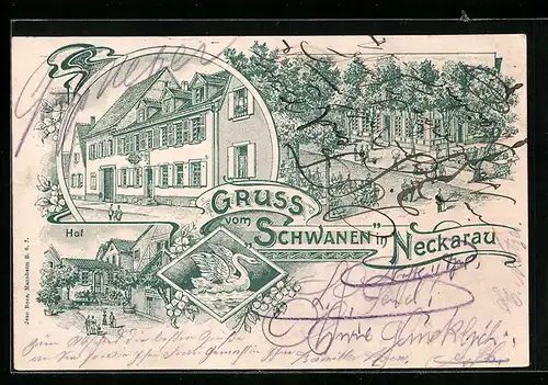 Lithographie Neckarau, Gasthaus, Garten, Hof