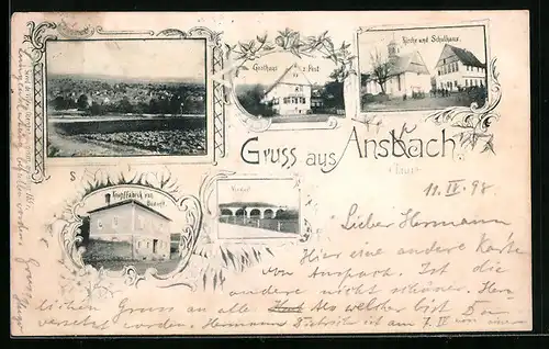 AK Ansbach, Kirche und Schulhaus, Gasthaus zur Post, Knopffabrik von Badorff