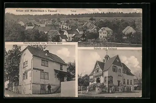 AK Michelbach i. T., Gasthof Wilhelm Rühl, Schule und Rathaus, Totalansicht