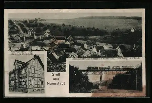 AK Naunstadt, Gasthof von Heinrich Steinmetz, Gesamtansicht, Eisenbahnbrücke