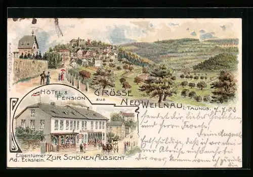 Lithographie Neu-Weilnau i. T., Hotel zur schönen Aussicht, Ortsansicht