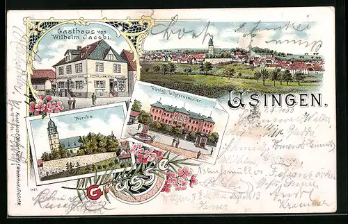 Lithographie Usingen, Gasthaus von Wilhelm Jacobi, Gesamtansicht, Königl. Lehrerseminar, Kirche