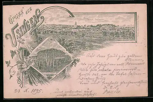 Vorläufer-Lithographie Usingen, 1895, Gasthaus zur goldnen Sonne, Totalansicht