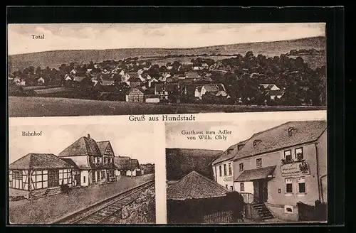 AK Hundstadt, Gasthaus zum Adler, Bahnhof, Totalansicht