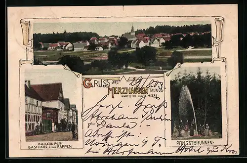 AK Merzhausen /Taunus, Kaiserliche Post u. Gasthaus zum Rappen, Pfingstbrunnen, Teilansicht