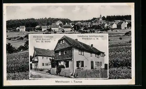 AK Merzhausen i. T., Panorama & Bäckerei-Gasthaus Zur Sonne