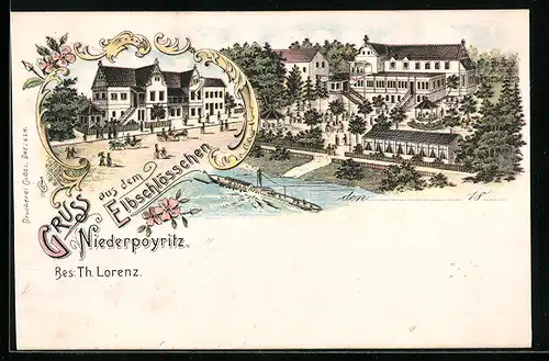 Lithographie Dresden-Niederpoyritz, Restaurant Elbschlösschen aus der Vogelschau