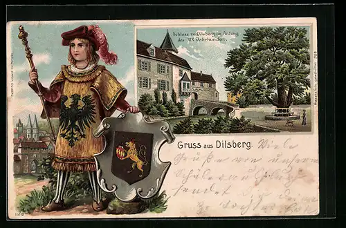 Passepartout-Lithographie Dilsberg, Schloss zu Dilsberg im Anfang des XIX. Jahrhunderts, Wächter mit Wappen