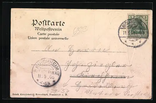 Passepartout-Lithographie Dilsberg, Schloss zu Dilsberg im Anfang des XIX. Jahrhunderts, Wächter mit Wappen