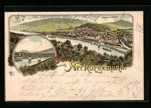 Lithographie Neckargemünd, Teilansicht, Brücke