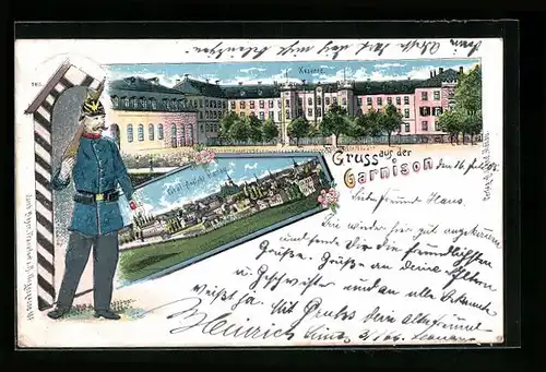 Lithographie Hanau, Totalansicht, Kaserne, Soldat am Wachhäuschen