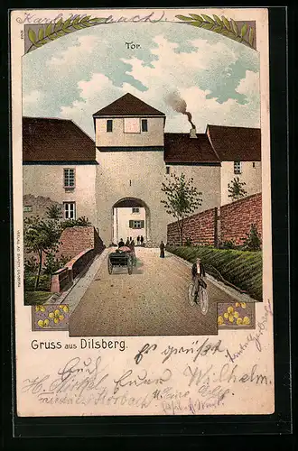 Lithographie Dilsberg, Tor, Strassenpartie mit Radfahrer und Kutsche