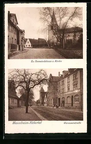AK Mannheim-Käfertal, Wormserstrasse, Ev. Gemeindehaus und Kirche
