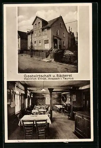 AK Anspach /Ts., Gasthaus-Bäckerei H. Ernst, Strassen- und Innenansicht