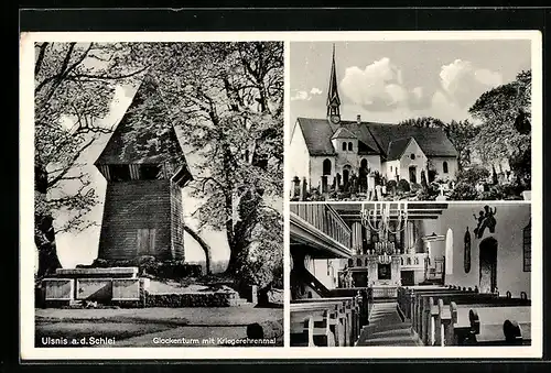 AK Ulsnis, Glockenturm mit Kriegerehrenmal, Kirche, Aussen- und Innenansicht