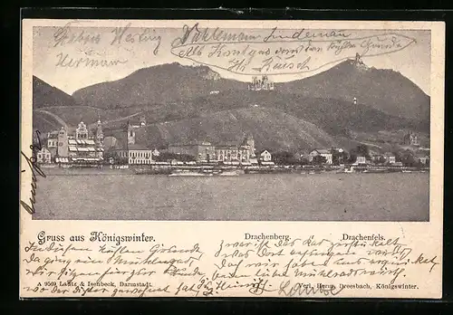 AK Königswinter, Ortsansicht mit Drachenberg und Drachenfels