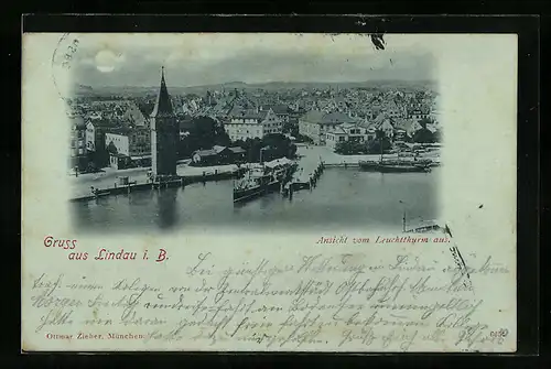 Mondschein-AK Lindau i. B., Ortsansicht vom Leuchtturm aus