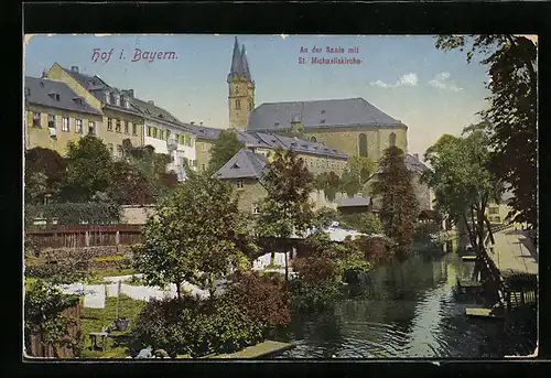 AK Hof i. Bayern, An der Saale mit St. Michaeliskirche